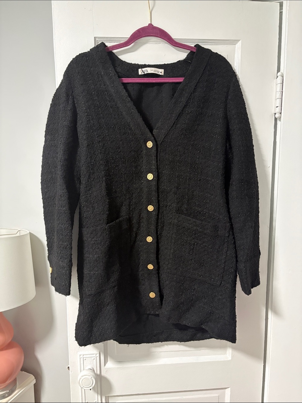 Zara Black Bouclé Button-Front mini  dresswith Gold Buttons